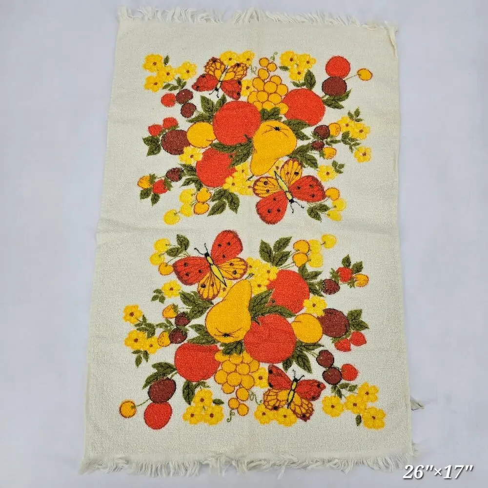 Vintage Fruit & Butterfly Hand Towel 70s Harvest Kitsch Floral Cottagecore Retro